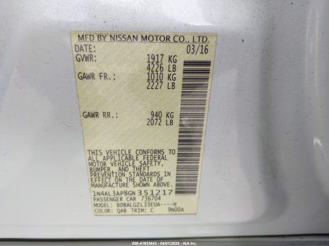 1N4AL3AP8GN351217 Nissan Altima 2.5 S