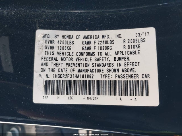 1HGCR2F37HA181962 Honda ACCORD LX