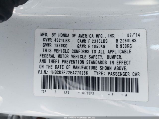1HGCR2F72EA270286 Honda ACCORD EX