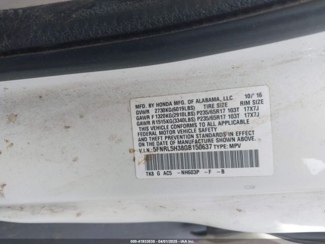 5FNRL5H38GB150637 Honda ODYSSEY SE