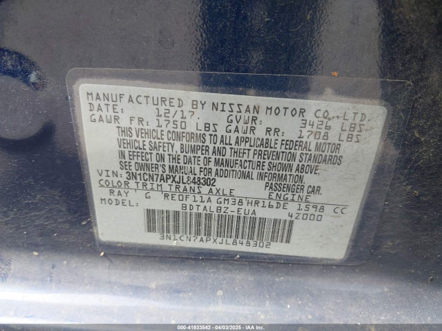 3N1CN7APXJL848302 Nissan Versa 1.6 Sv