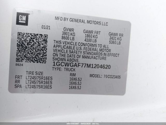 1GCWGAF77M1204620 Chevrolet Express Cargo Rwd 2500 Regular Wheelbase Wt