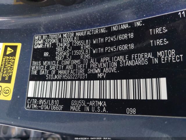 5TDJKRFH5GS227031 Toyota Highlander Xle V6