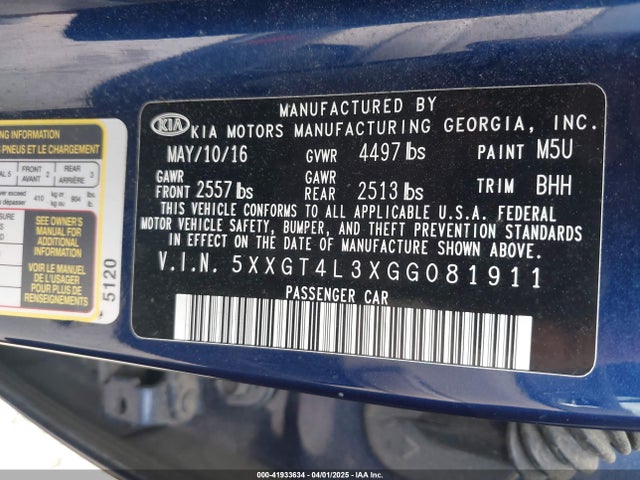 5XXGT4L3XGG081911 KIA Optima Lx