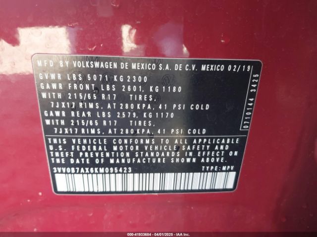 3VV0B7AX6KM095423 Volkswagen Tiguan 2.0t S