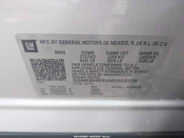 3GNKBHRSXMS502378 Chevrolet Blazer Awd 2lt