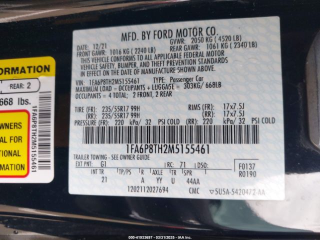1FA6P8TH2M5155461 Ford Mustang Ecoboost Fastback