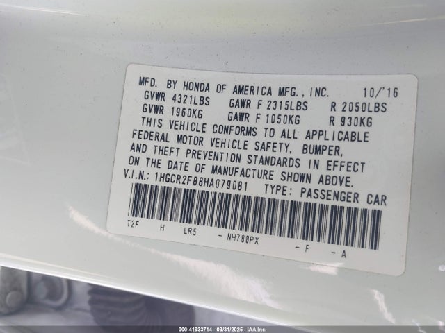 1HGCR2F88HA079081 Honda Accord Ex-l