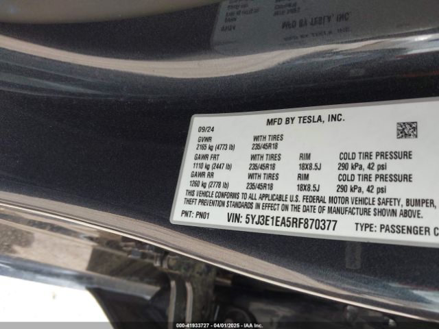 5YJ3E1EA5RF870377 Tesla MODEL 3