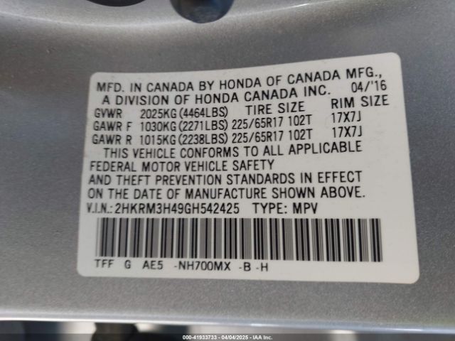 2HKRM3H49GH542425 Honda CR-V SE