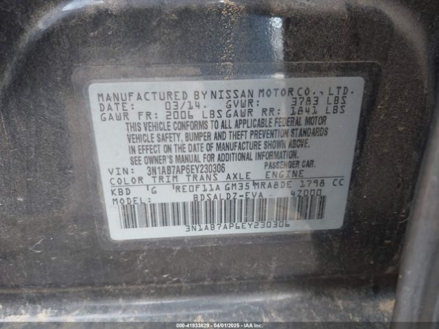 3N1AB7AP6EY230306 Nissan Sentra Fe+ S/fe+ Sv/s/sl/sr/sv