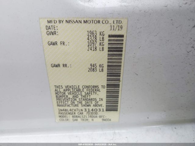1N4BL4CV7LN314031 Nissan Altima Sr Fwd