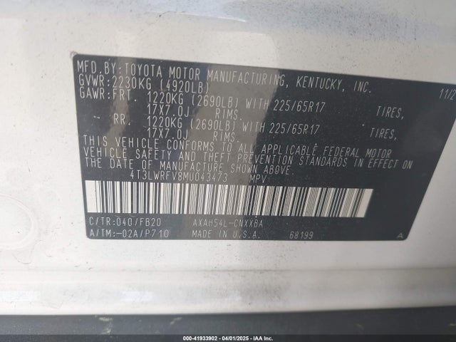 4T3LWRFV8MU043473 Toyota Rav4 Hybrid Le