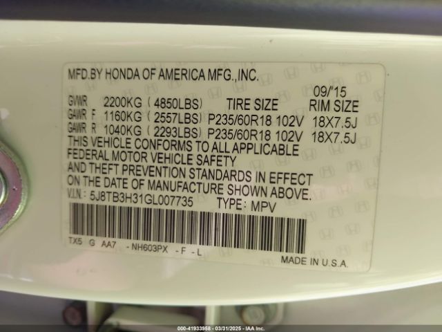 5J8TB3H31GL007735 Acura Rdx Acurawatch Plus Pkg