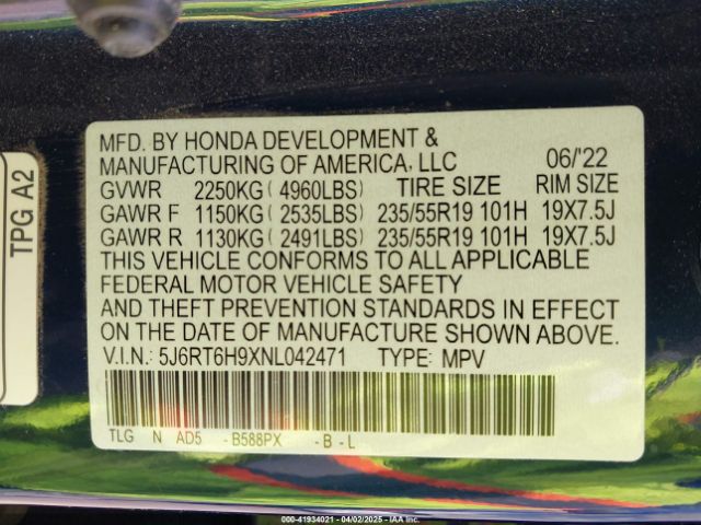 5J6RT6H9XNL042471 Honda Cr-v Hybrid Touring