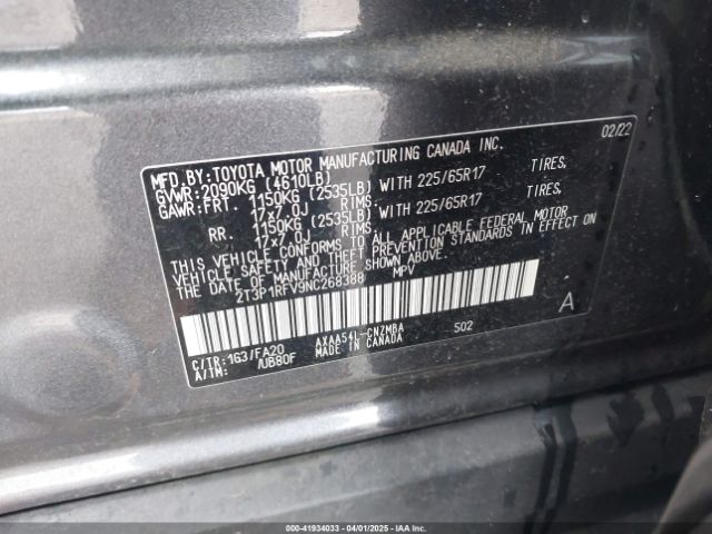2T3P1RFV9NC268388 Toyota Rav4 Xle