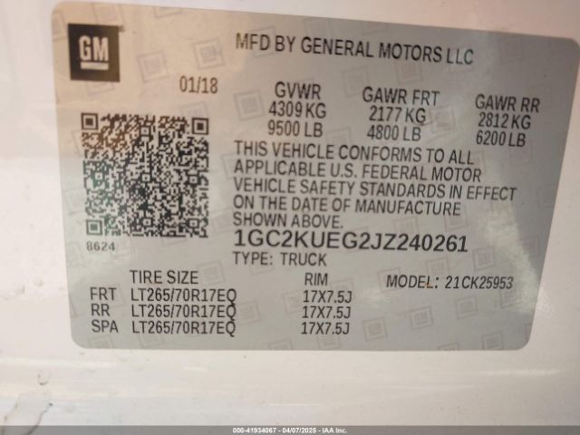 1GC2KUEG2JZ240261 Chevrolet Silverado 2500hd Wt