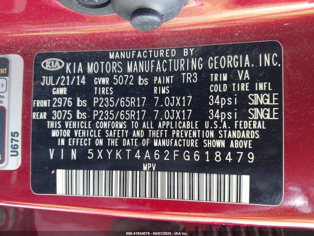 5XYKT4A62FG618479 KIA SORENTO LX