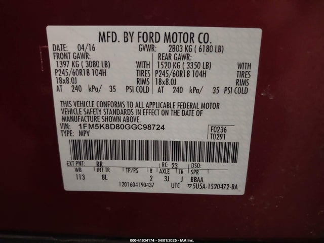 1FM5K8D80GGC98724 Ford EXPLORER XLT