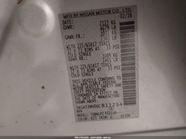 5N1AT2MV0GC811234 Nissan Rogue S/sl/sv