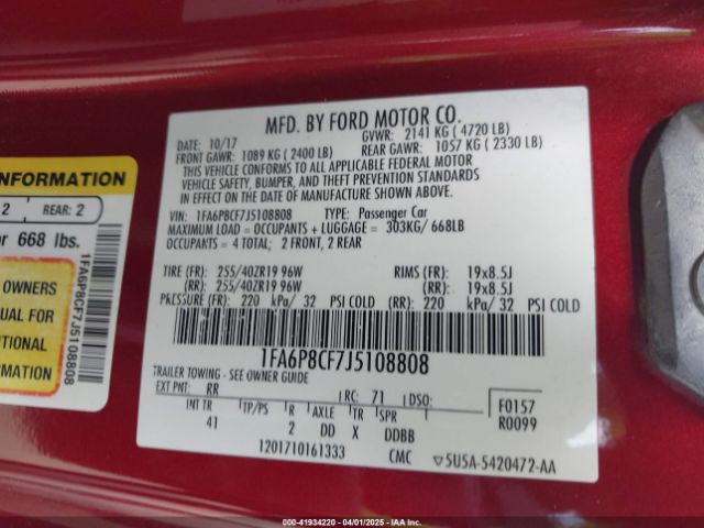 1FA6P8CF7J5108808 Ford Mustang Gt Premium