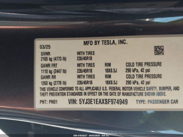 5YJ3E1EAXSF974949 Tesla Model 3 Long Range Rear-wheel Drive
