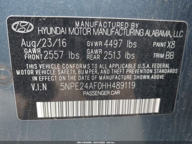 5NPE24AF0HH489119 Hyundai SONATA SE