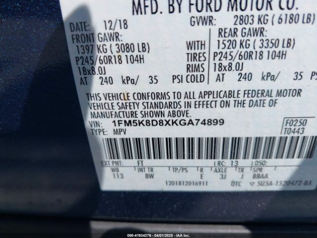 1FM5K8D8XKGA74899 Ford EXPLORER XLT