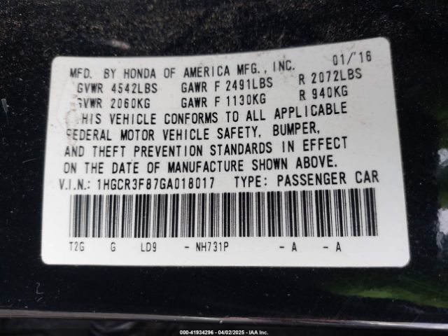 1HGCR3F87GA018017 Honda Accord Ex-l V-6