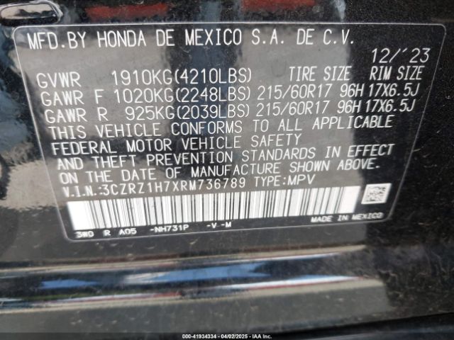 3CZRZ1H7XRM736789 Honda Hr-v 2wd Ex-l/2wd Ex-l W/o Bsi