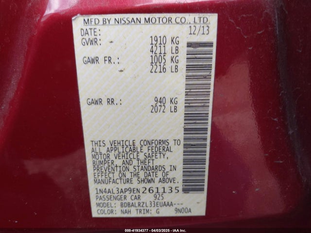 1N4AL3AP9EN261135 Nissan Altima 2.5/2.5 S/2.5 Sl/2.5 Sv