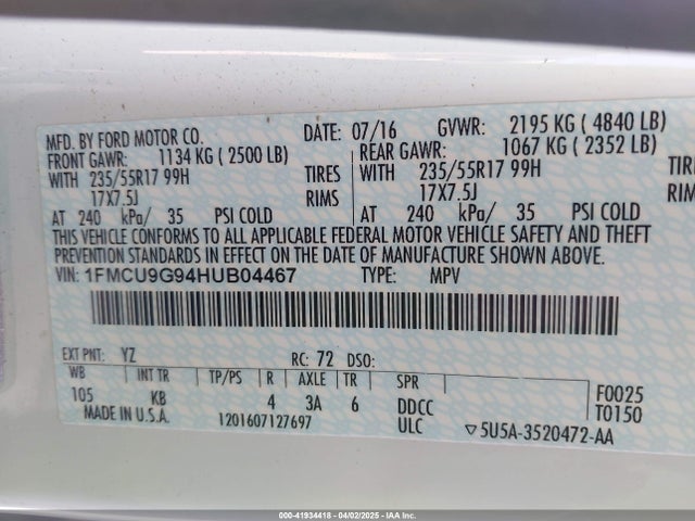 1FMCU9G94HUB04467 Ford ESCAPE SE