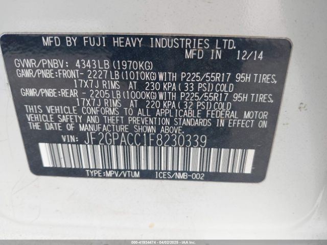 JF2GPACC1F8230339 Subaru Xv Crosstrek 2.0i Premium