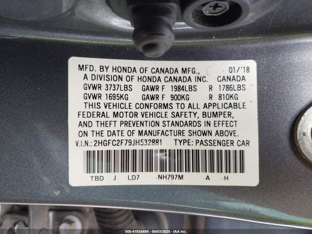 Honda CIVIC EX 2018 2HGFC2F79JH532881 Image 9