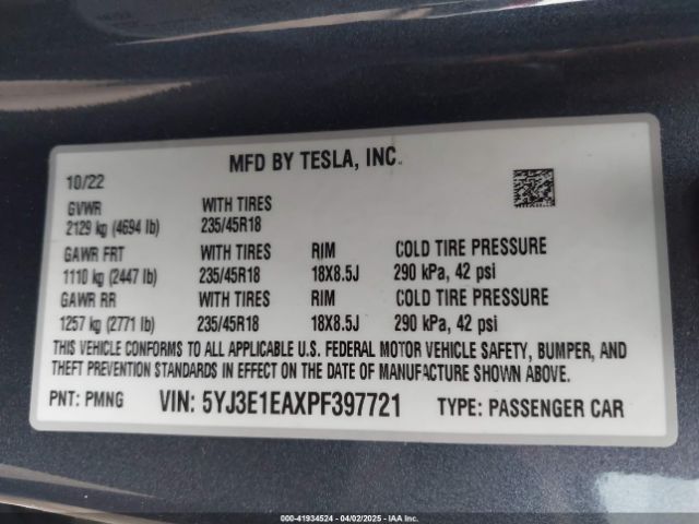 5YJ3E1EAXPF397721 Tesla MODEL 3