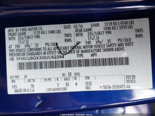 1FMCU9GX3GUC62294 Ford ESCAPE SE