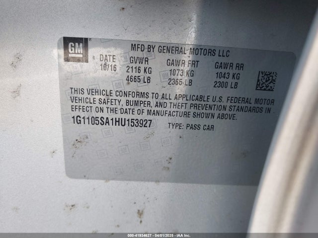 1G1105SA1HU153927 Chevrolet lcv -sidi: spark ignited direct injection, dcvcp, vvt: variable valve timing, e85 max, e0-e100, alum