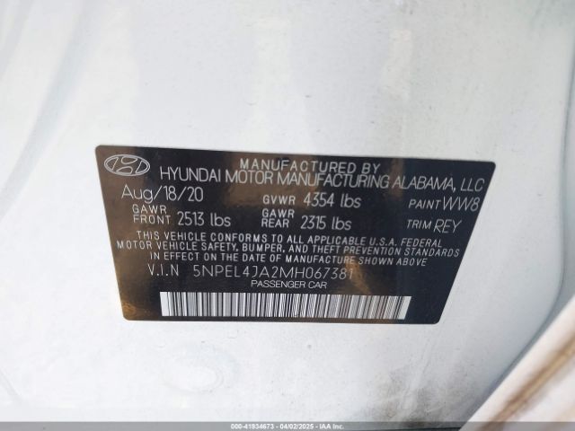 5NPEL4JA2MH067381 Hyundai SONATA SEL