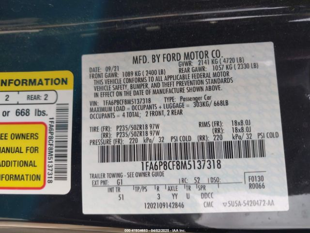 1FA6P8CF8M5137318 Ford Mustang Gt Premium Fastback