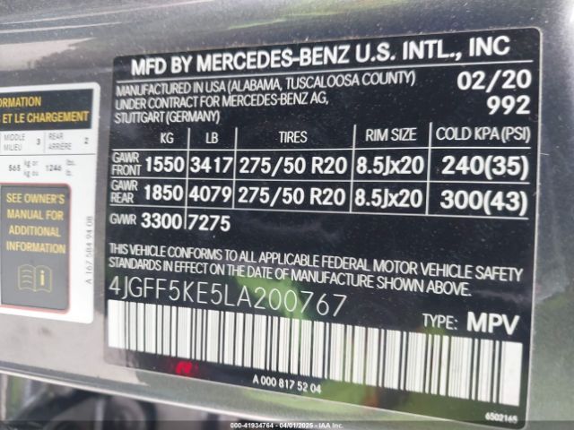 4JGFF5KE5LA200767 Mercedes-Benz Gls 450 4matic