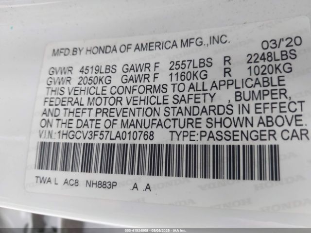 1HGCV3F57LA010768 Honda Accord Hybrid Ex-l