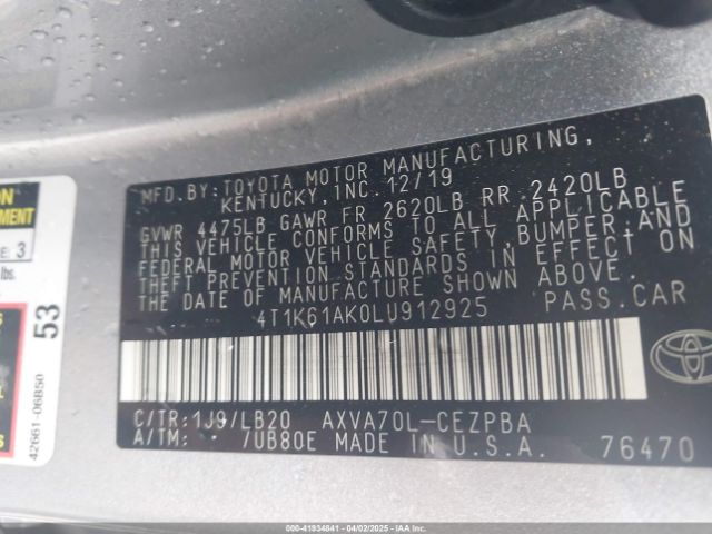 4T1K61AK0LU912925 Toyota CAMRY XSE