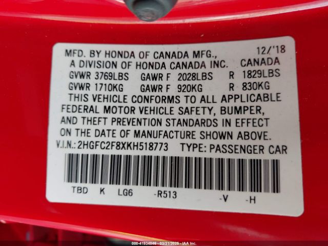 2HGFC2F8XKH518773 Honda Civic Sport