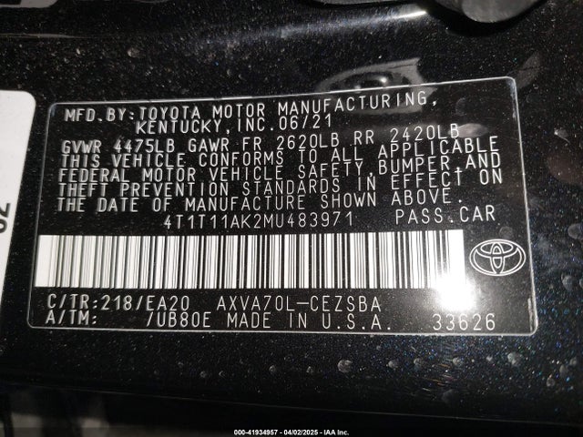 4T1T11AK2MU483971 Toyota CAMRY SE