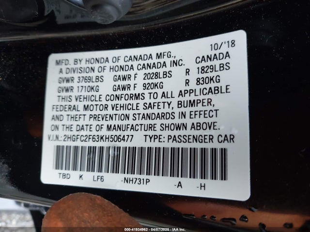 Honda Civic Lx 2019 2HGFC2F63KH506477 Image 9
