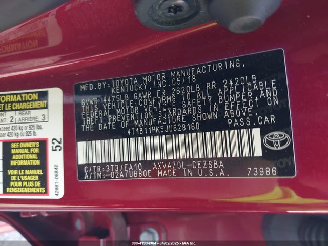 4T1B11HK5JU628160 Toyota CAMRY SE
