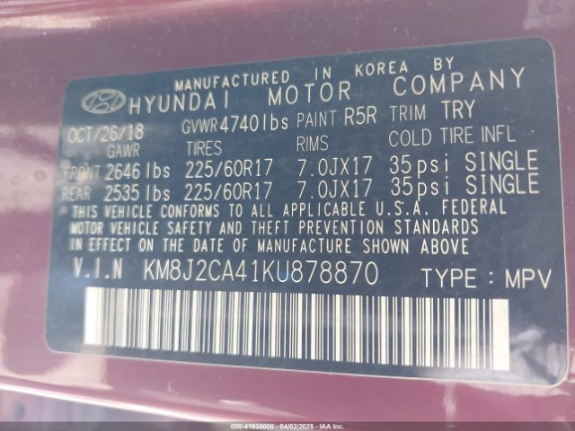 KM8J2CA41KU878870 Hyundai TUCSON SE