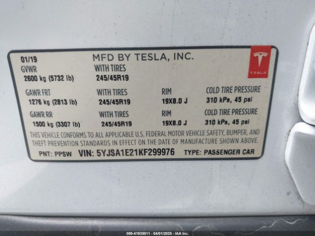 2019 TESLA MODEL S 5YJSA1E21KF299976 Photo 8
