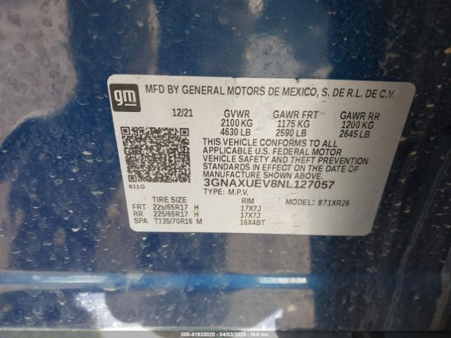 3GNAXUEV8NL127057 Chevrolet Equinox Awd Lt