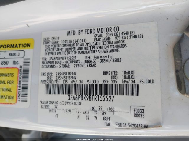 3FA6P0K98FR152527 Ford Fusion Titanium